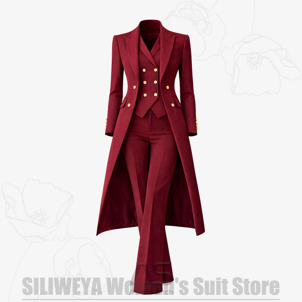 Women Formal Wear Vest - Damski garnitur 3-częściowy dwurzędowy długi płaszcz