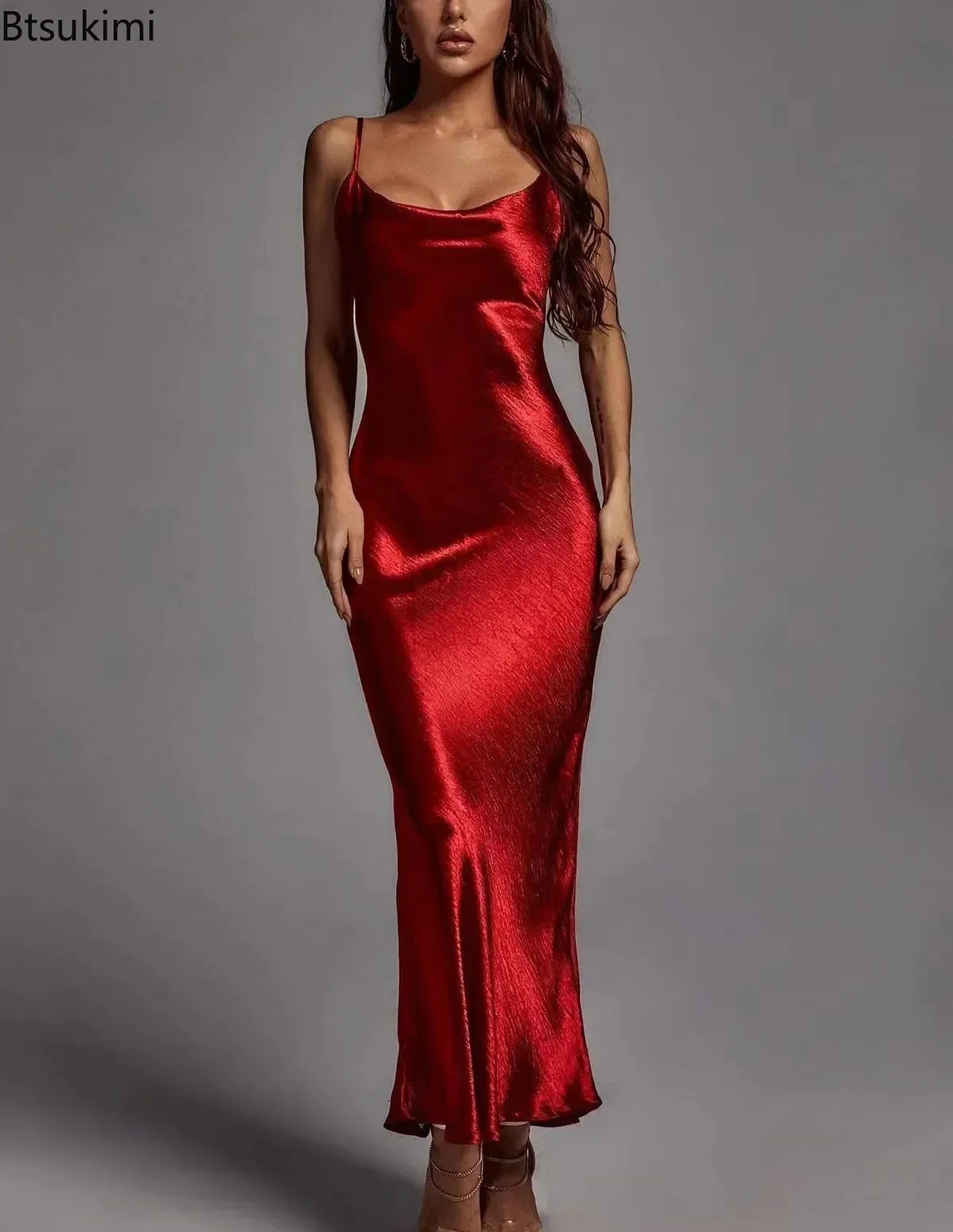 Formal Wear Gowns For Women - Metaliczna złota sukienka Maxi elegancka satynowa