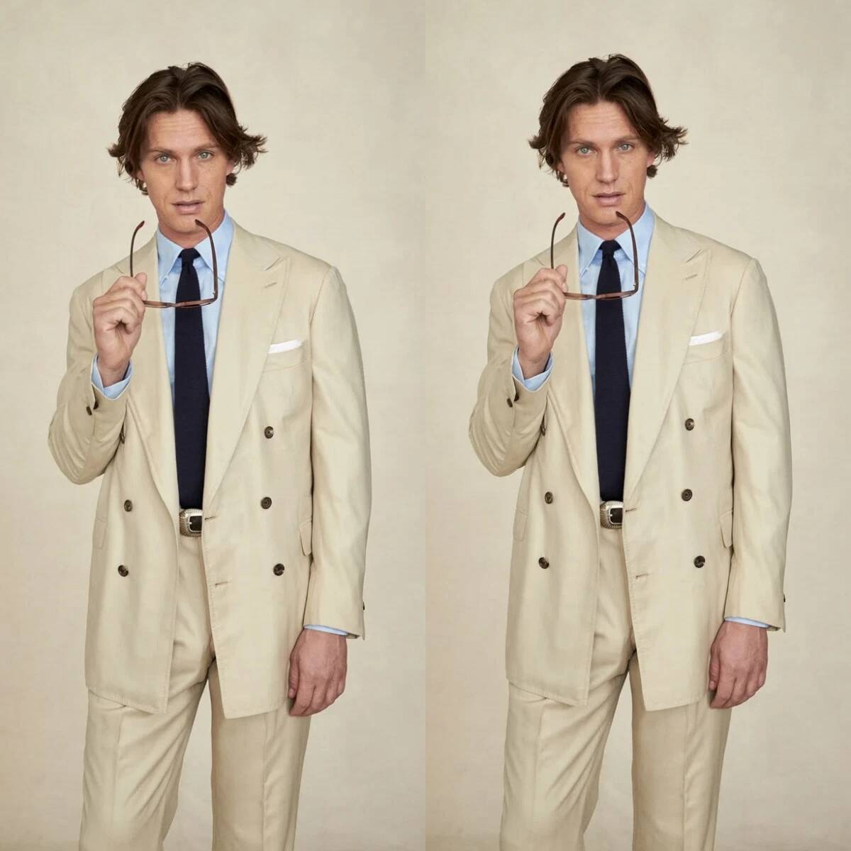 Beżowy dwurzędowy garnitur męs – Tailored Trouser Wide recenzja i cena